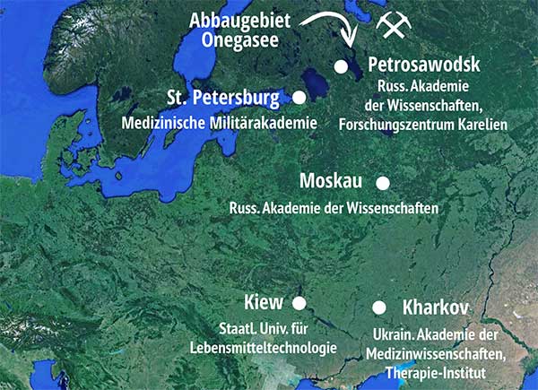 Landkarte mit wichtigen Forschungszentren und Forschergruppen zum Schungit