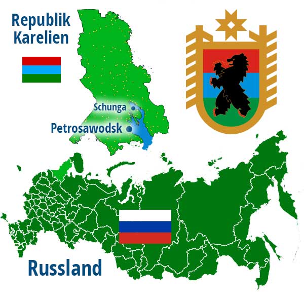 Infografik Landkarte und Wappen der Republik Karelien